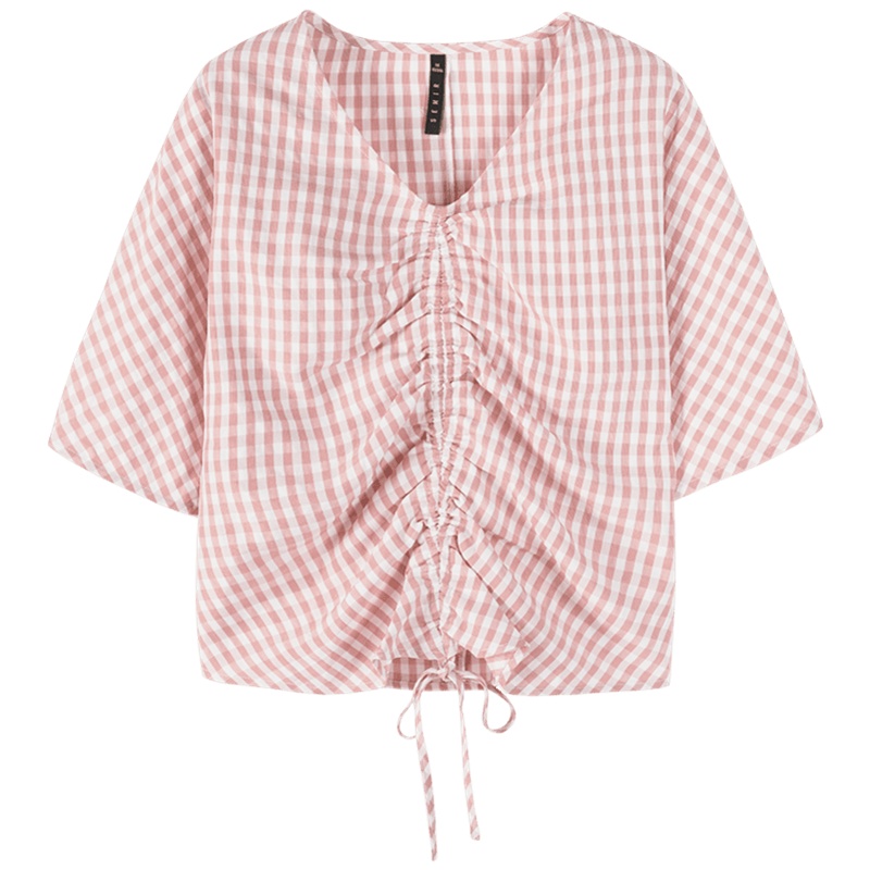 【满198减100预估价：59】森马夏季时尚收腰V领上衣复古条纹雪纺衬衫设计感五分袖少女