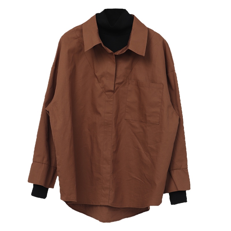 ENJOY'ME女装2019冬季新品自带层次感纯色假两件衬衫拼接上衣