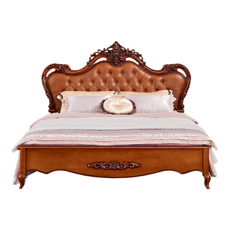 广木源头层牛皮双人床软靠欧式床1.8米美式床全实木床简约复古雕花