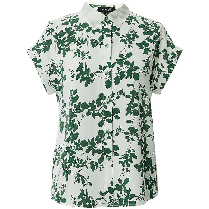欧昵雪小众气质印花上衣夏季荷叶边拼接短袖雪纺衬衫女