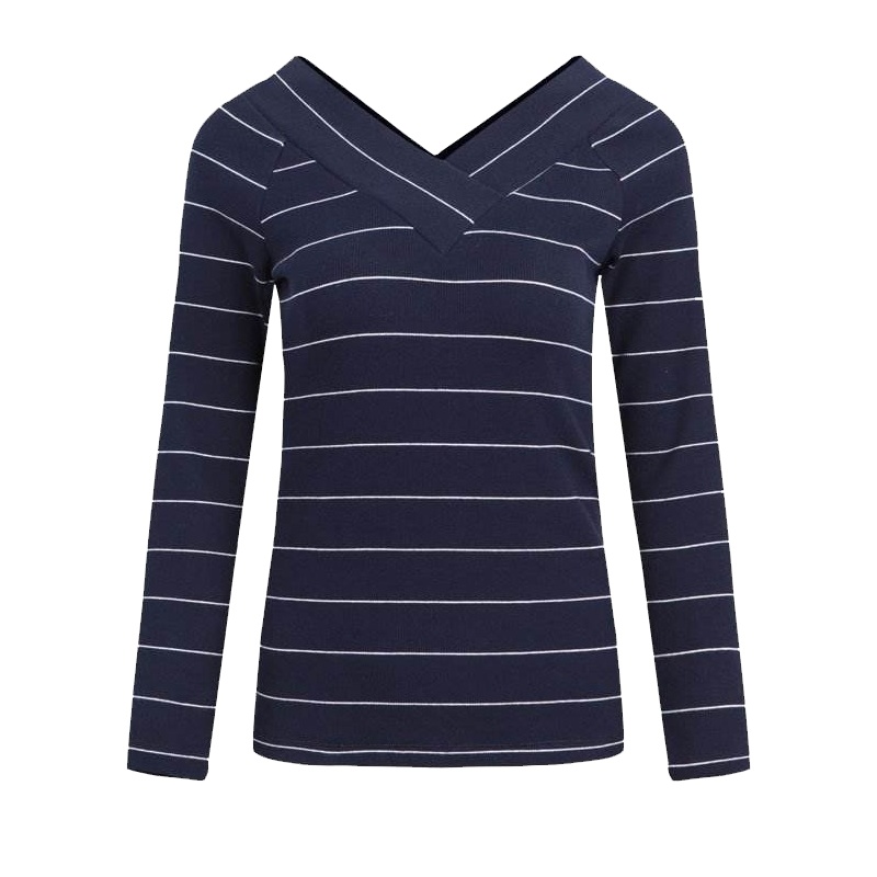 拉夏贝尔Puella秋装新款v领条纹上衣女长袖打底T恤两面穿20008885