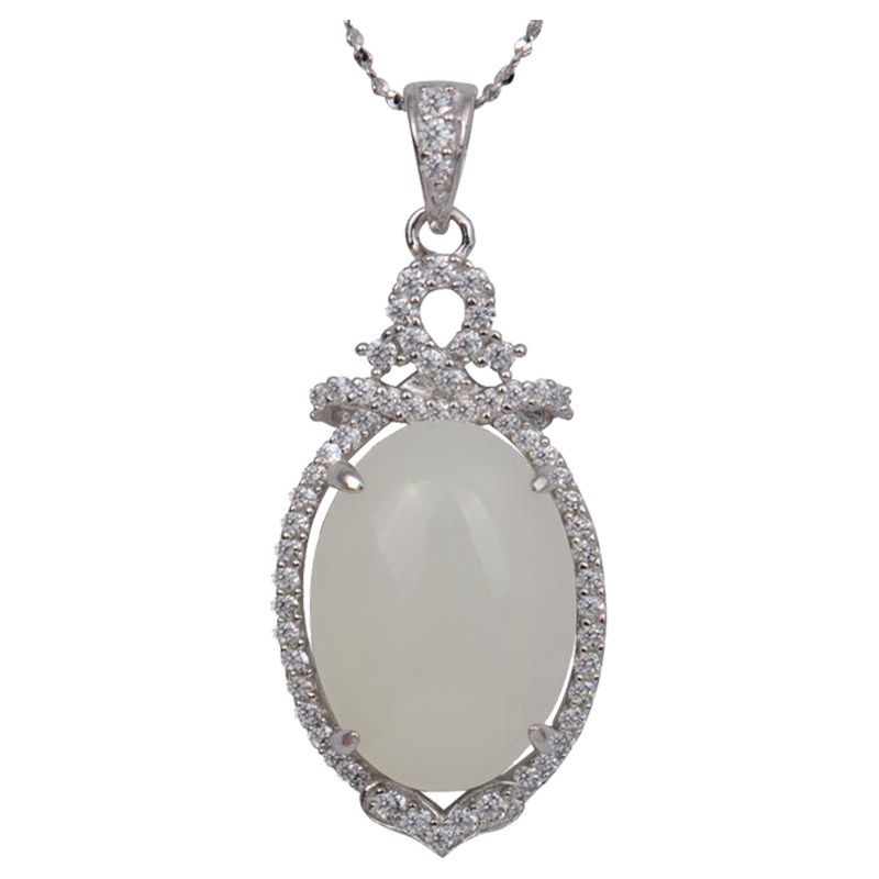 梦克拉 Mkela S925银镶和田玉坠项链挂件 东方之珠 白底种 玉石吊坠