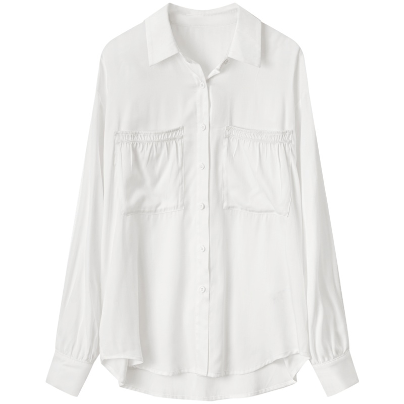 OtherMix垂感衬衫2021新款设计感小众缎面初春季女士白色长袖衬衣