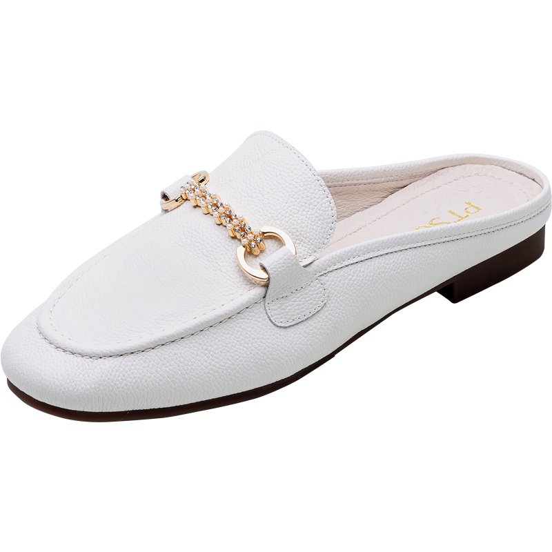 百田森2021春夏新款牛皮低跟穆勒包头拖鞋女金属钻扣凉拖鞋女外穿