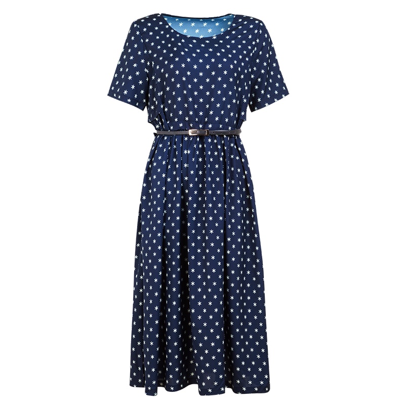 晚白新品通勤印花圆领短袖收腰显瘦A字雪纺连衣裙两件套女