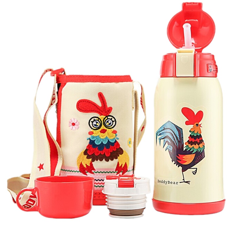 双盖鸡韩国杯具熊BEDDYBEAR儿童保温杯316不锈钢带吸管两用水壶男女学生婴儿便携水杯子600ml多色保温用品