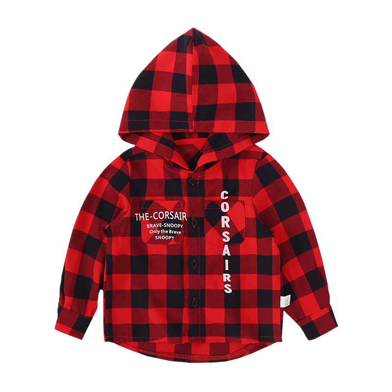 史努比童装秋季新款男童长袖衬衣时尚外套宝宝连帽格子衬衫