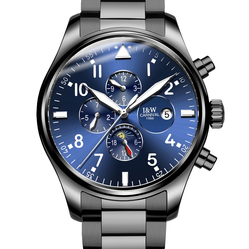 瑞士嘉年华Carnival手表男士全自动机械表 男多功能男表休闲时尚防水夜光真皮革带学生潮流腕表哑光喷砂格调8764-1