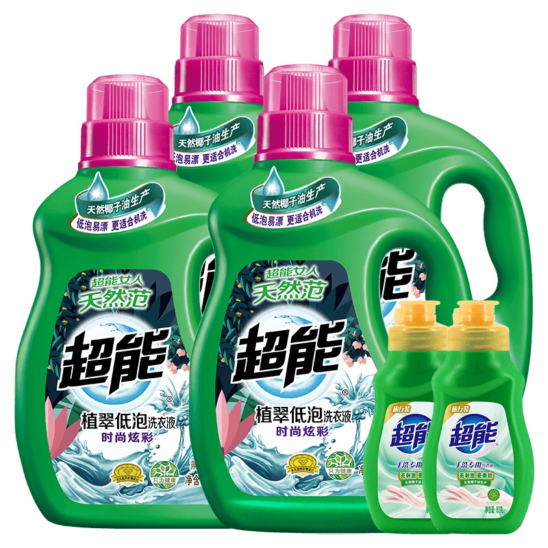 超能时尚炫彩洗衣液3.38kg+1.5kg+750g*2+80g*2天然椰子油生产温和安全低泡易漂家庭大包装轻松机洗助力
