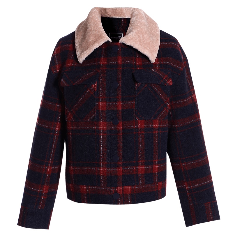 欧昵雪冬季加绒翻领时尚格子宽松休闲加厚毛呢外套女短款