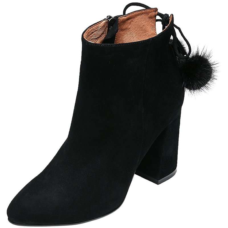 康奈女鞋 冬季纯色尖头侧拉链粗跟短靴女气质优雅通勤时装靴1278011