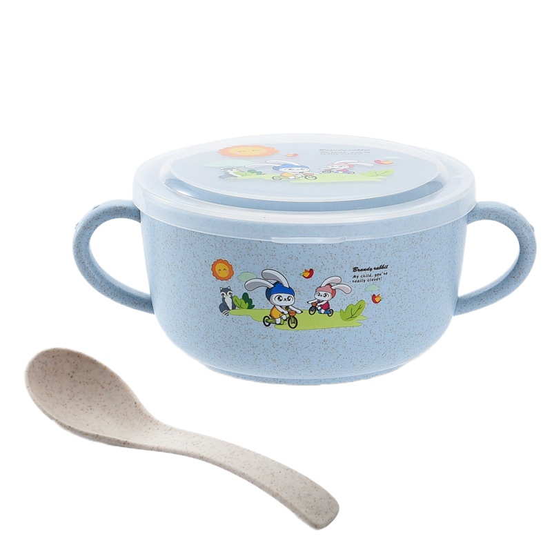 小麦秸秆儿童碗带盖套装吸管水杯家用卡通儿童餐具宝宝吃饭碗可爱 FENGHOU 透明盖双耳碗[北欧蓝]