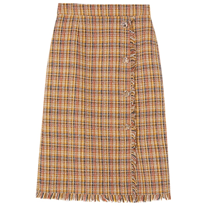 伊布都ibudu2020冬季新款高腰直筒粗花呢中长款开叉半身裙女