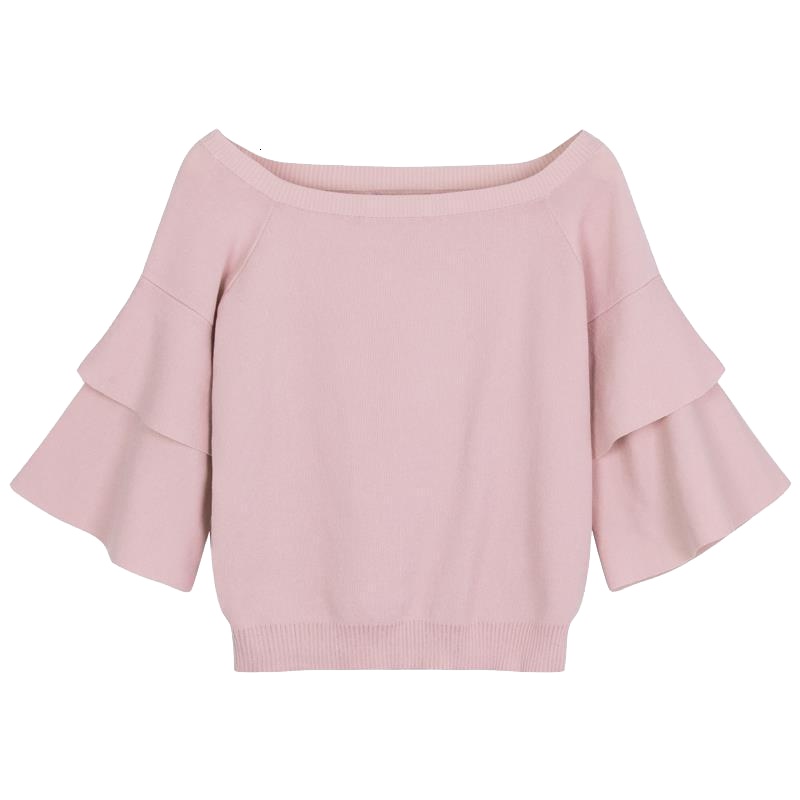 拉夏贝尔puella秋季新款显瘦宽松荷叶袖套头针织衫女上衣20010847