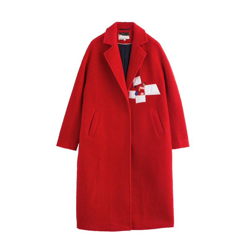 茵曼冬装新款简约贴布绣花中长款毛呢外套大衣