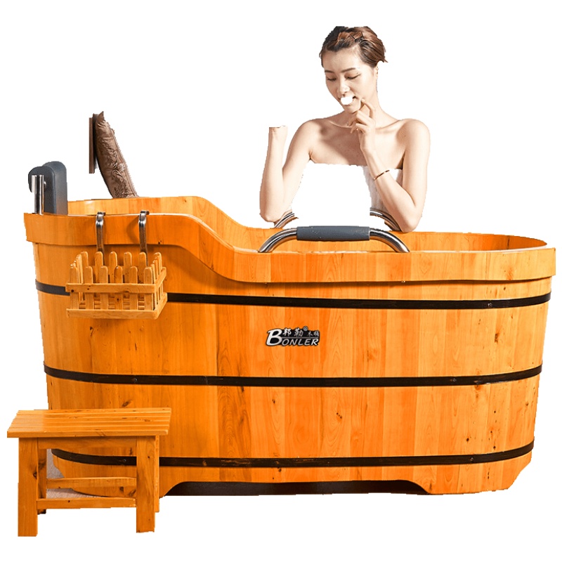 香柏木桶沐浴桶泡澡木桶浴盆浴缸铁扶手洗澡桶成人洗澡盆安心抵