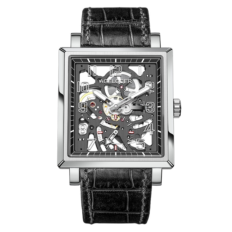 艾戈勒(agelocer)瑞士进口手表 时尚镂空方形机械表 男士全景透底夜光手表男 A3501