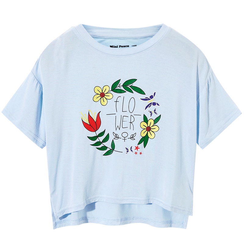 minipeace太平鸟童装女童T恤短袖花朵胶印儿童半袖夏装新款