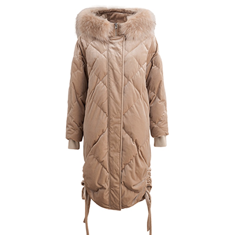 茵曼秋冬时尚保暖防风宽松菱格纹连帽大毛领丝绒羽绒服女长款过膝