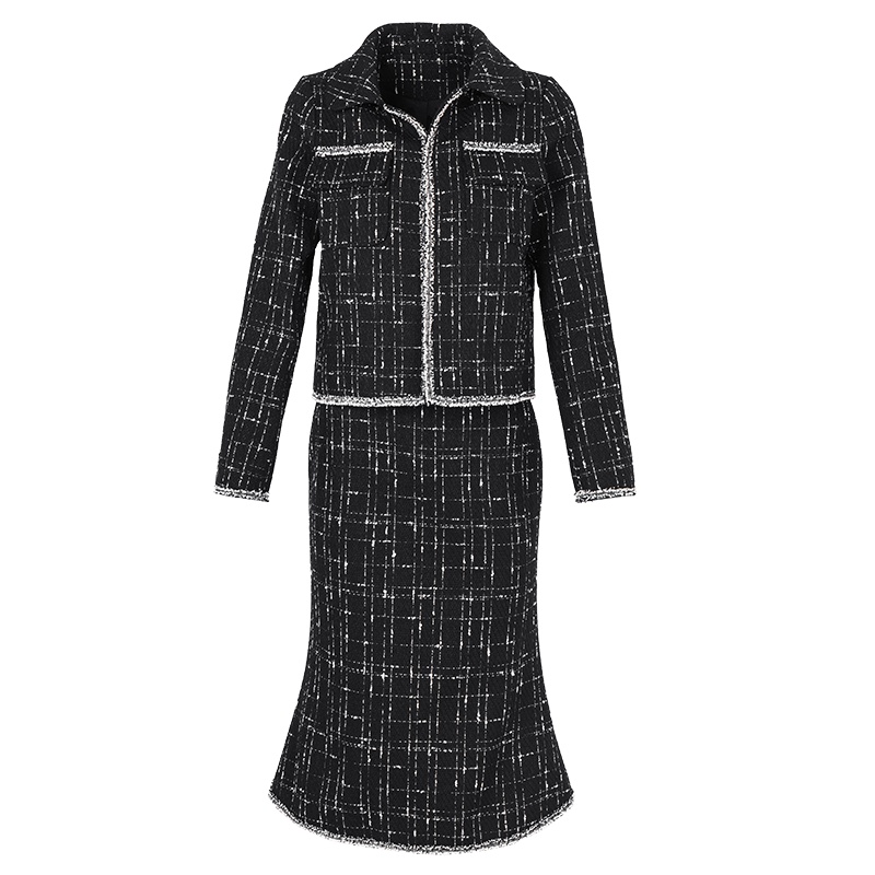 晚白2021春季新品修身两件套简约外套高腰包臀鱼尾半裙时尚套装女