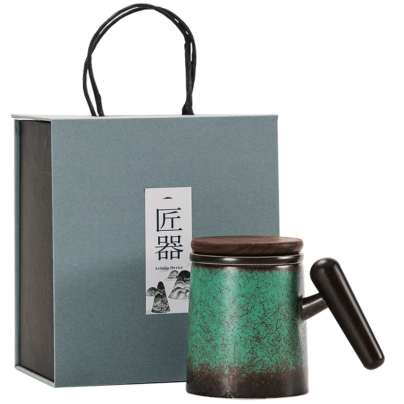 領藝 茶杯茶水分离办公水杯陶瓷功夫泡茶杯带过滤带盖送礼 绿松马克杯木柄礼盒装
