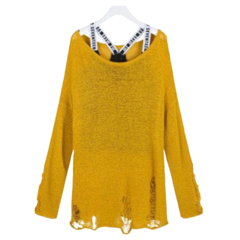 【专柜同款】7M秋冬韩版宽松bf风破洞两件套套头百搭针织衫70009992