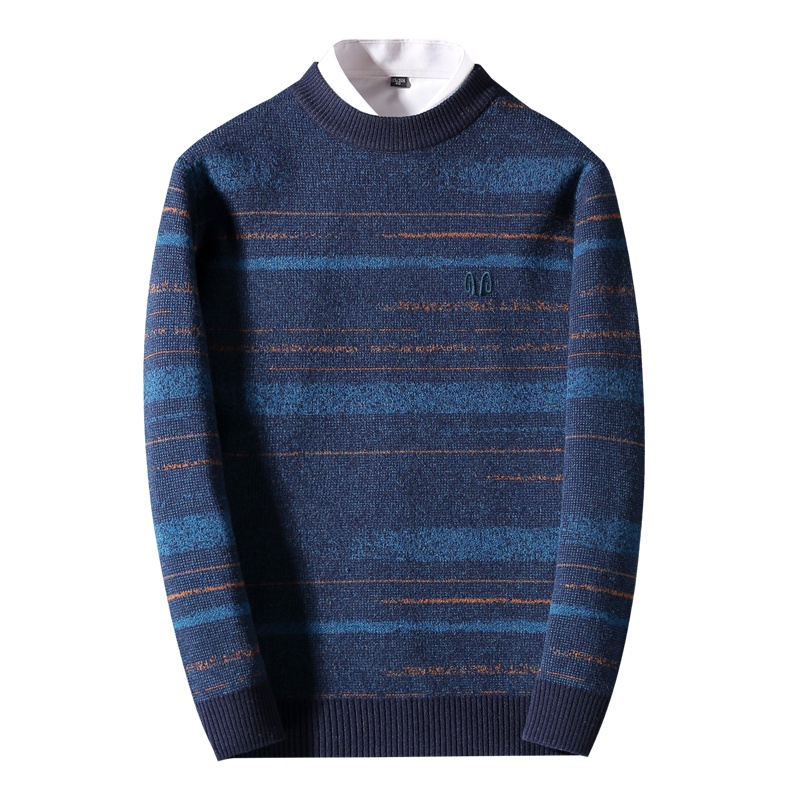 恒源祥男士纯羊毛衫秋冬款中青年圆领时尚条纹套头针织衫男