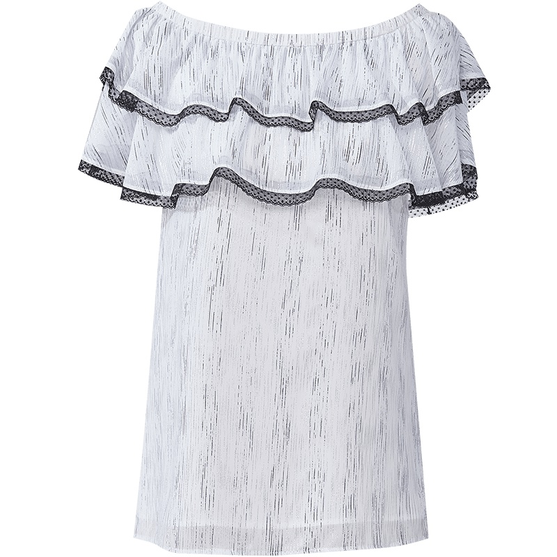 欧昵雪夏季双层荷叶边一字领气质无袖亮丝雪纺衫上衣女