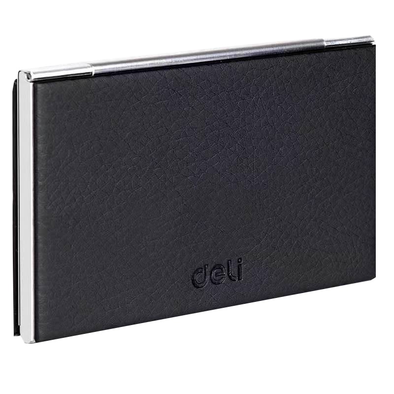 [精选]得力(deli)不锈钢仿皮便携名片盒 商务办公名片夹 黑色7630