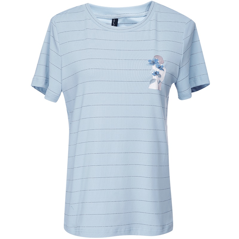 欧昵雪夏季圆领人像印花宽松短袖T恤女休闲直筒条纹上衣