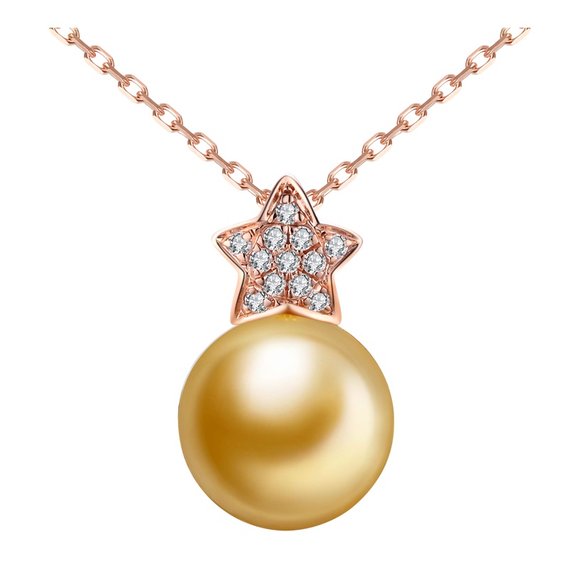 brir 佰色传情9-10mm正圆强光海水南洋金珍珠吊坠18K金钻石正品