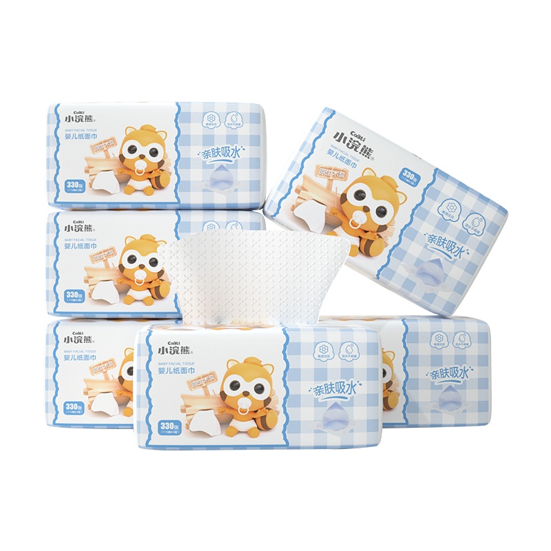 小浣熊(Coati)婴幼儿抽纸 柔润面纸巾原生木浆3层*110抽大尺寸180*160MM无香 3层110抽