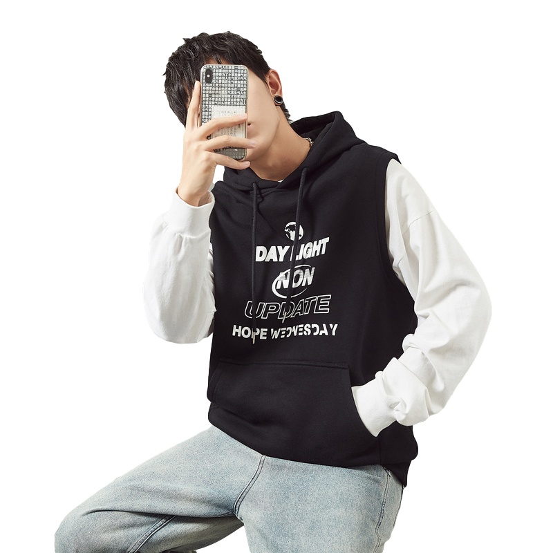 唐狮秋冬季新款加绒马甲无袖卫衣男套头连帽运动韩版潮流in