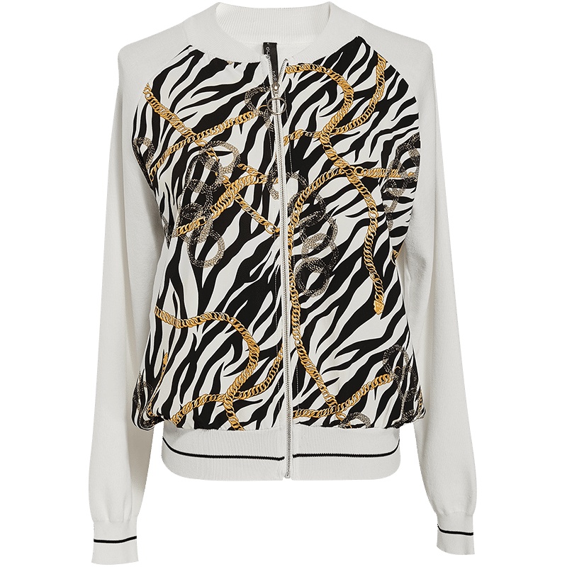 欧昵雪V领印花宽松显瘦短款针织女长袖毛衣外套