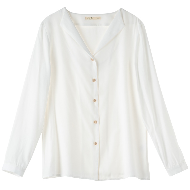芊艺气质白色长袖衬衫女2019秋装新款韩版显瘦v领衬衣10380