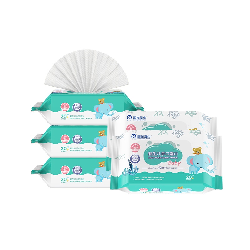 国光新生儿湿巾加厚20抽*5包手口屁婴幼儿大包家用装棉柔湿纸巾
