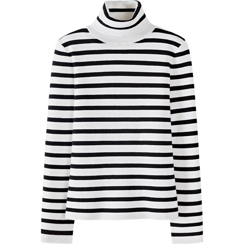 Semir森马高领毛衣女2019冬新款撞色条纹慵懒风针织毛衫潮流黑色套头衫