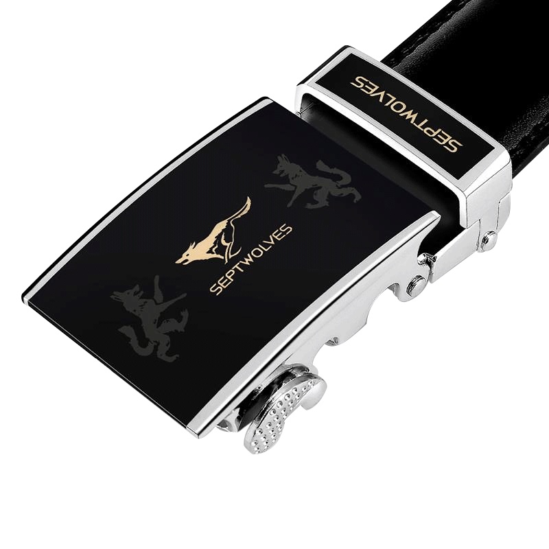 七匹狼 SEPTWOLVES 男士 真皮腰带韩版 黑色系 纯正品牛皮自动扣头商务休闲腰带 送卡包