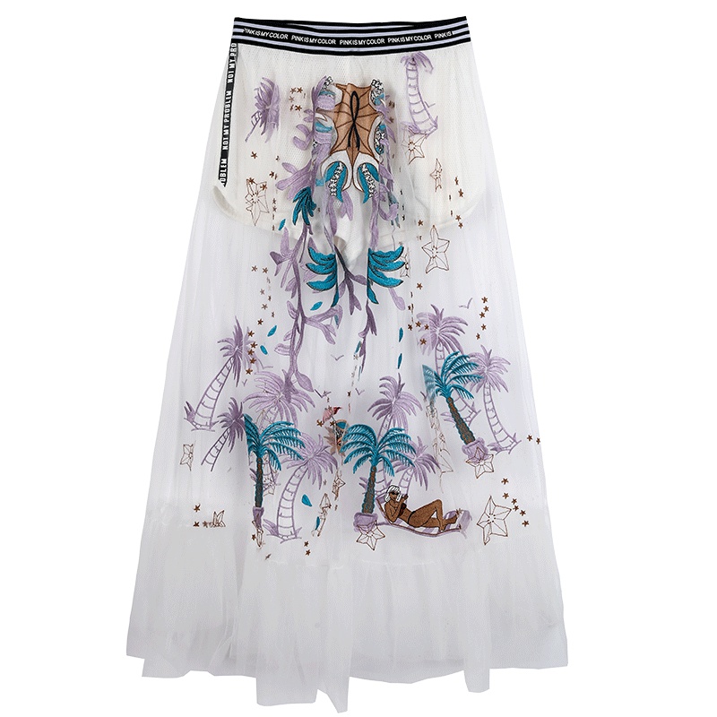 马克华菲女装2019夏刺绣纱半身裙 白色纱裙百褶裙