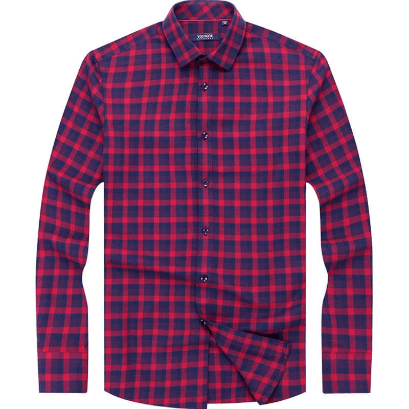 Youngor/雅戈尔衬衫磨毛格纹长袖衬衫男修身 衬衣男 商务休闲 红色格纹