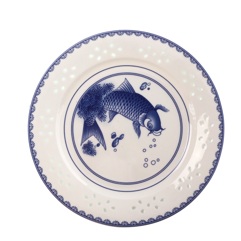 LICHEN 景德镇陶瓷大平盘浅菜盘牛排西餐盘碟子青花玲珑瓷器釉中彩中式年年有余餐具10英寸 优品