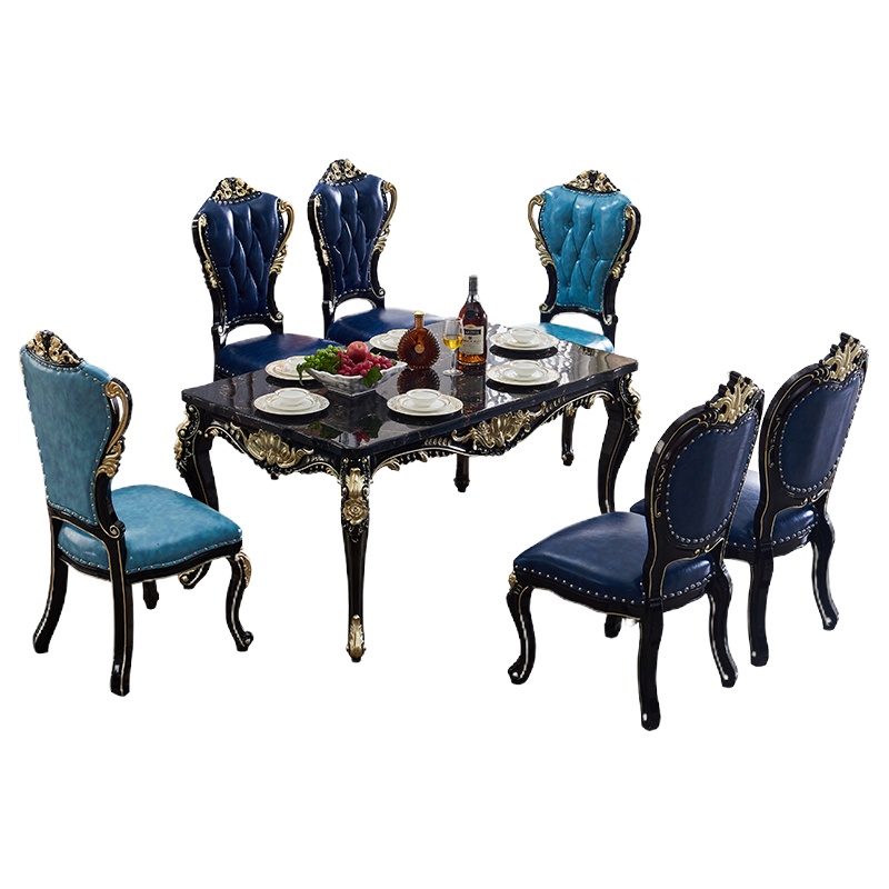 米括(MIKUO)欧式餐桌椅组合大理石法式餐厅饭桌子长方形桌西餐桌椅子木质真皮餐椅新古典