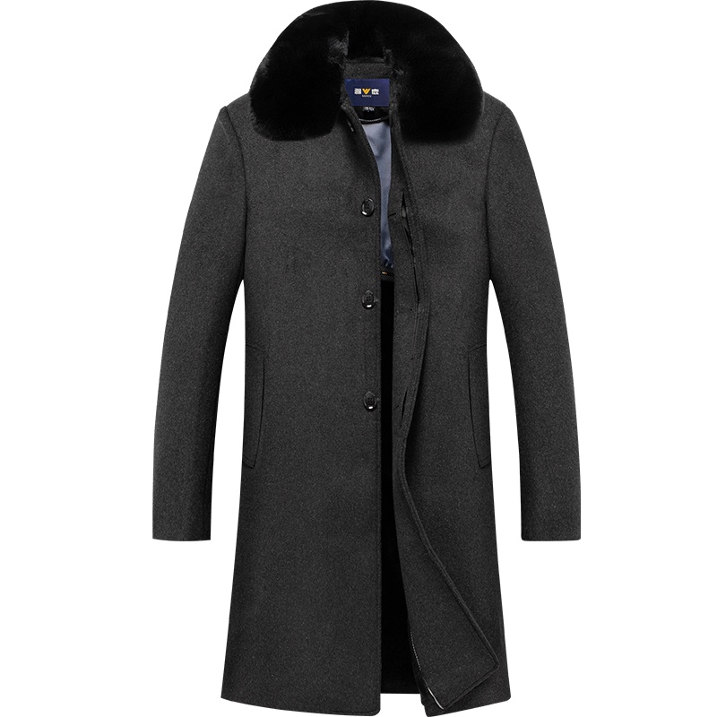 雅鹿男装可脱卸羽绒内胆中老年长款大毛领男士毛呢大衣1115DA01988