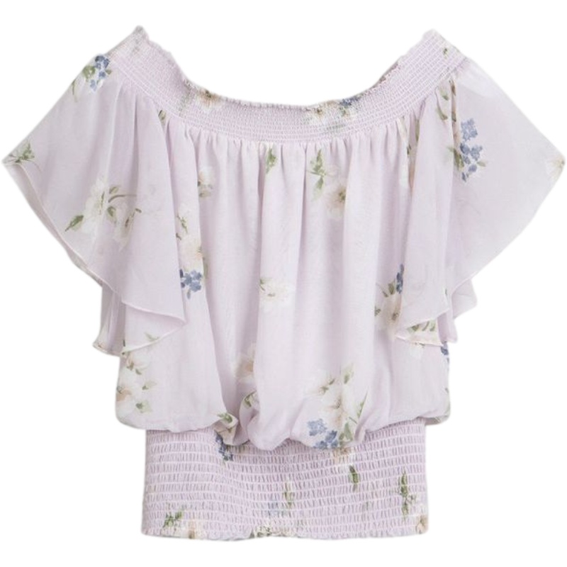 7M衬衫女夏季新款韩版印花一字领收腰修身短袖雪纺衬衫女70008982