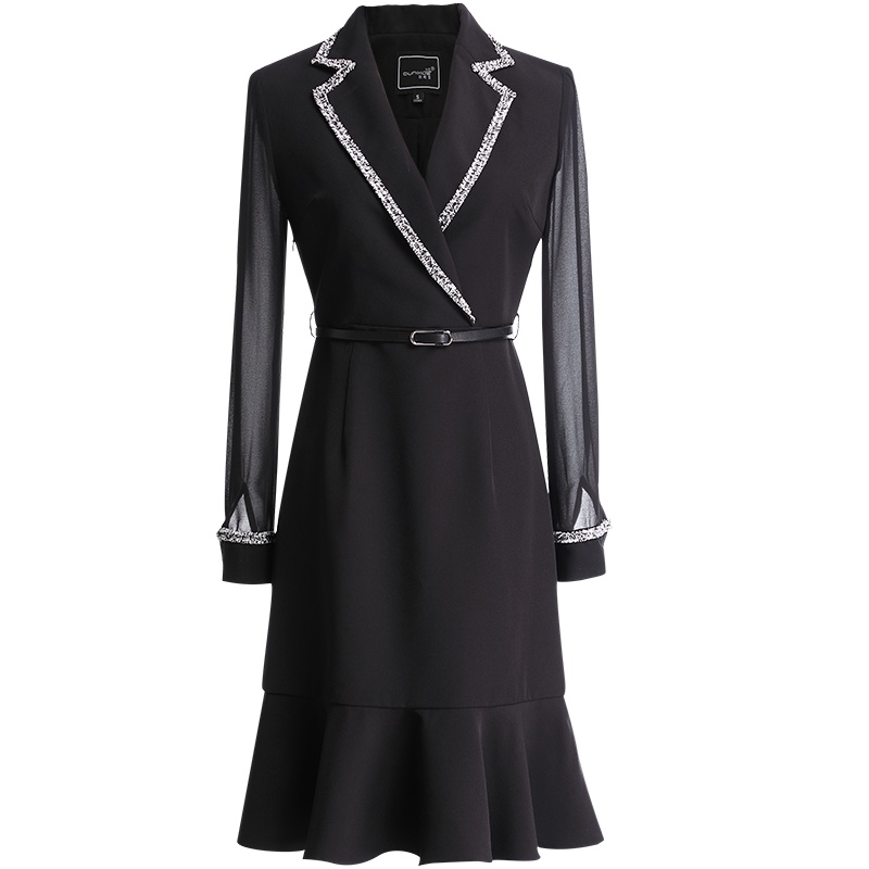 欧昵雪雪纺衬衫袖拼接高腰OL西装领包臀鱼尾连衣裙女