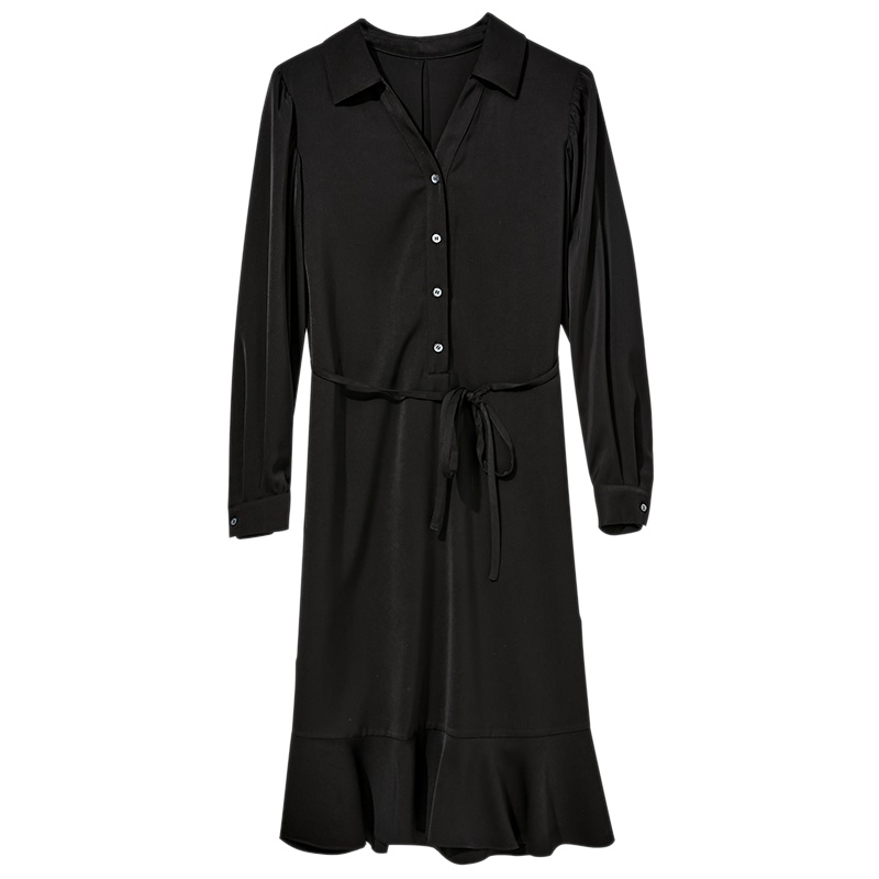 三彩2020秋季新款翻领单排扣腰带鱼尾裙长袖衬衫裙连衣裙女