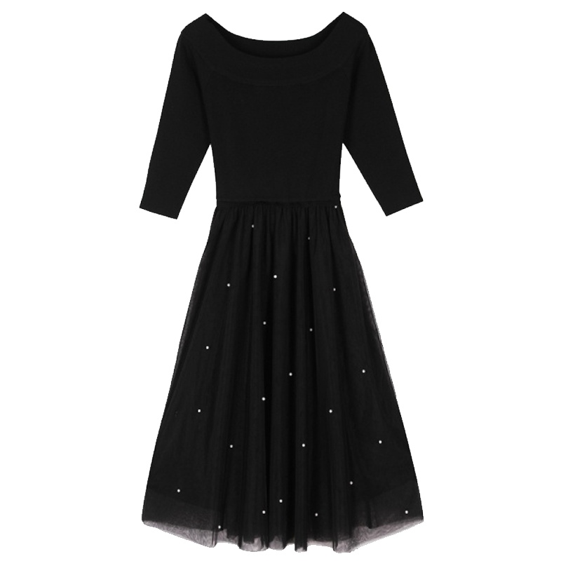 【专柜同款】一字肩连衣裙女士秋季新款高腰打底拼接网纱百褶裙中长裙子30084352