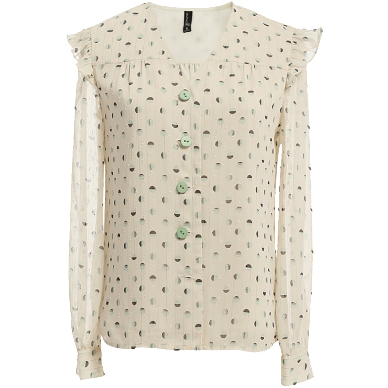 欧昵雪V领拼接荷叶边长袖波点雪纺衫女小众衬衫上衣