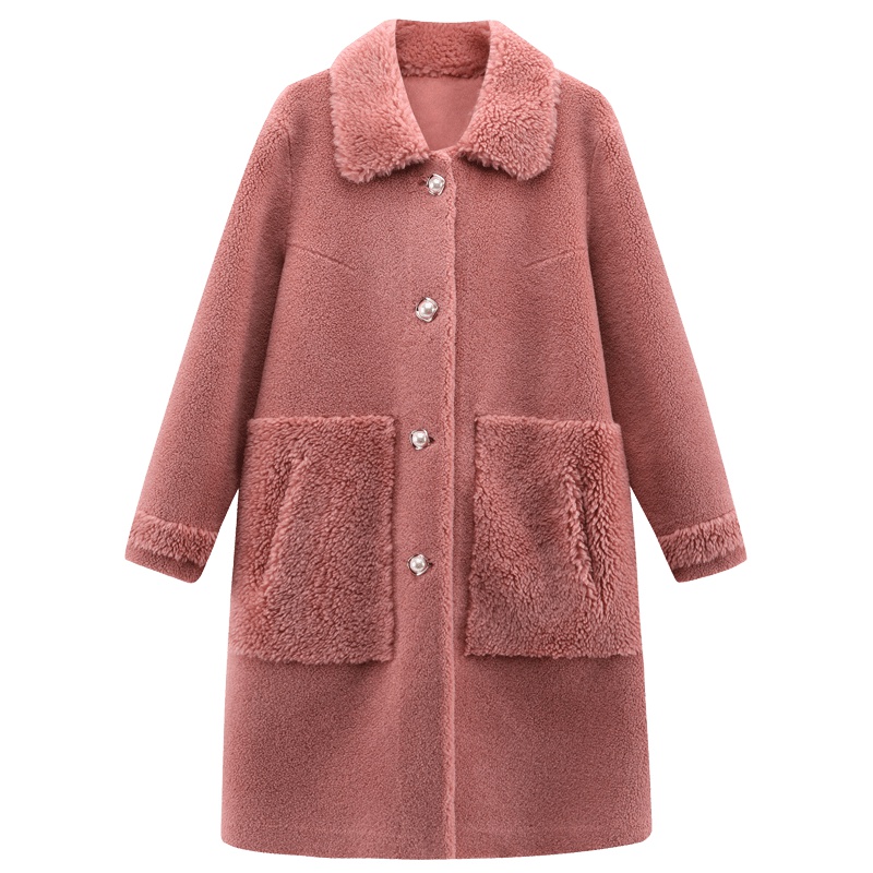 雪中飞2019秋冬羊剪绒外套女轻奢优雅颗粒绒大衣毛呢领宽松中长款