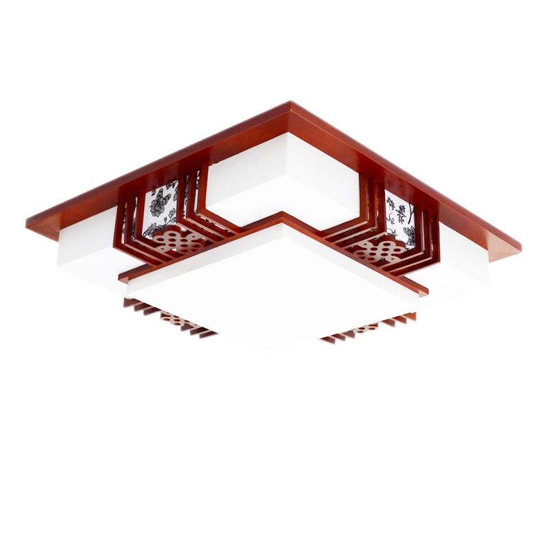 LED吸顶灯现代中式方形客厅灯木艺实木仿古羊皮房间灯卧室书房灯